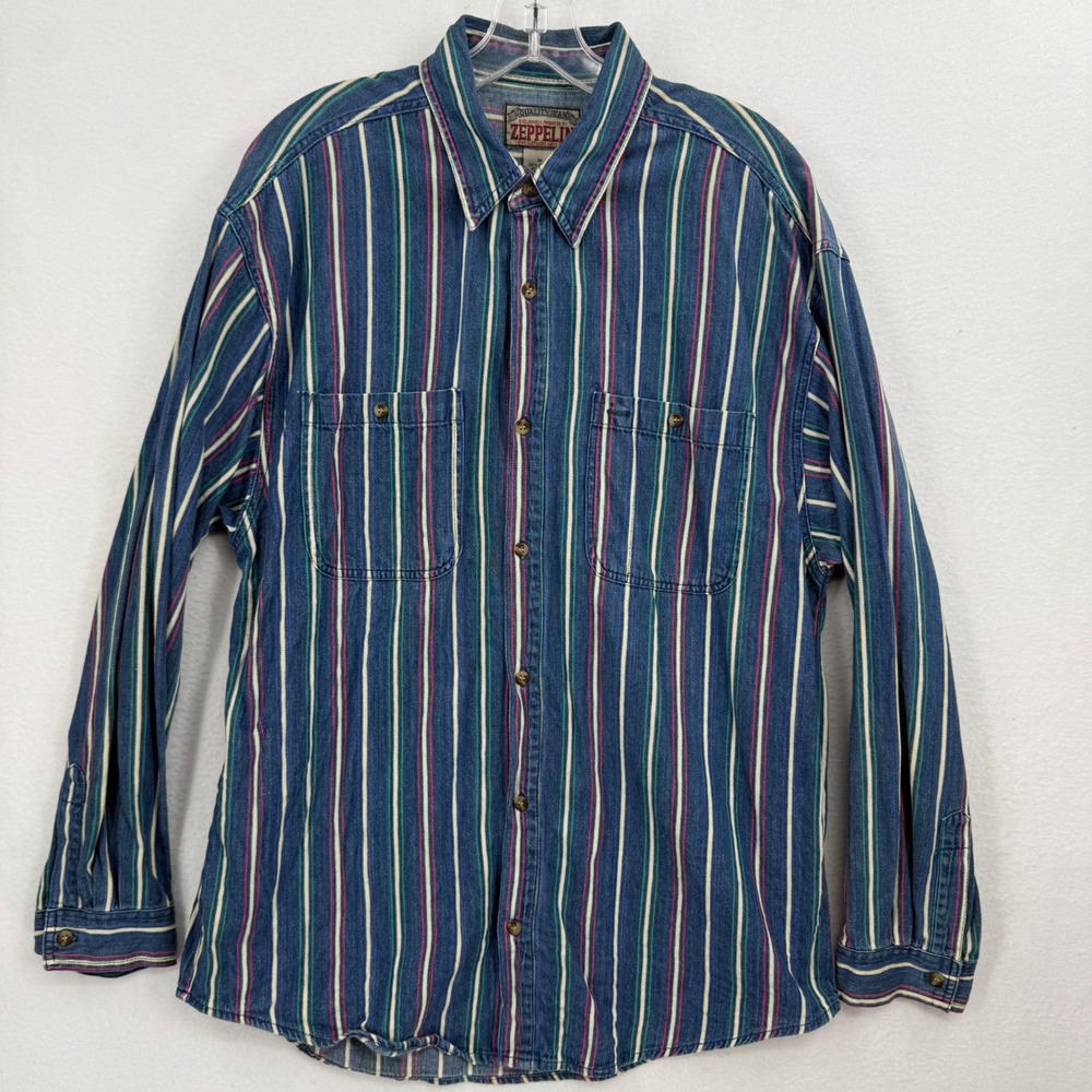 Vintage Zeppelin Striped Button Down Shirt Mens Size M Blue Green‎ Red Cotton